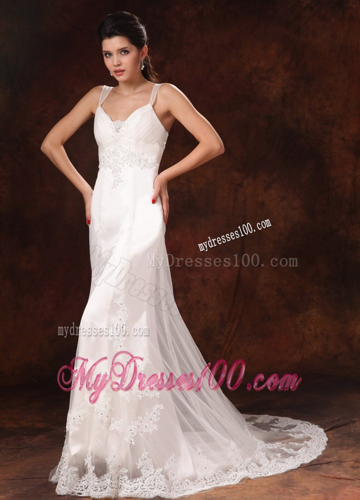 Appliques and Beading Accent on Court Train Wedding Gown Column