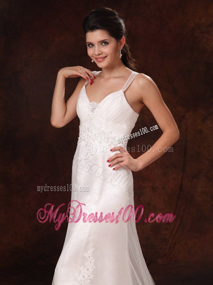 Appliques and Beading Accent on Court Train Wedding Gown Column