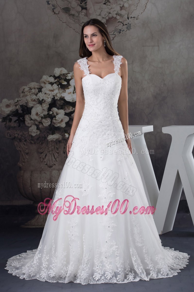 Wide Straps Court Train Wedding Gown with Beaded Appliques and Lace Hemline