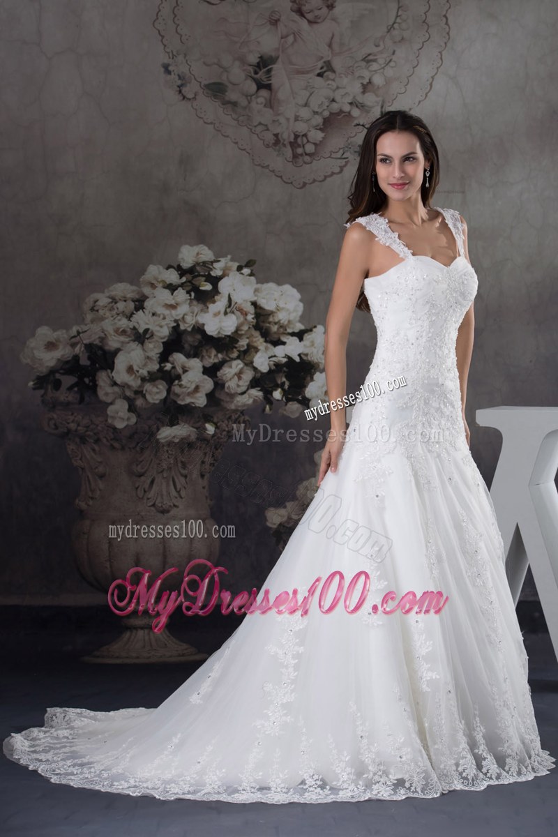 Wide Straps Court Train Wedding Gown with Beaded Appliques and Lace Hemline