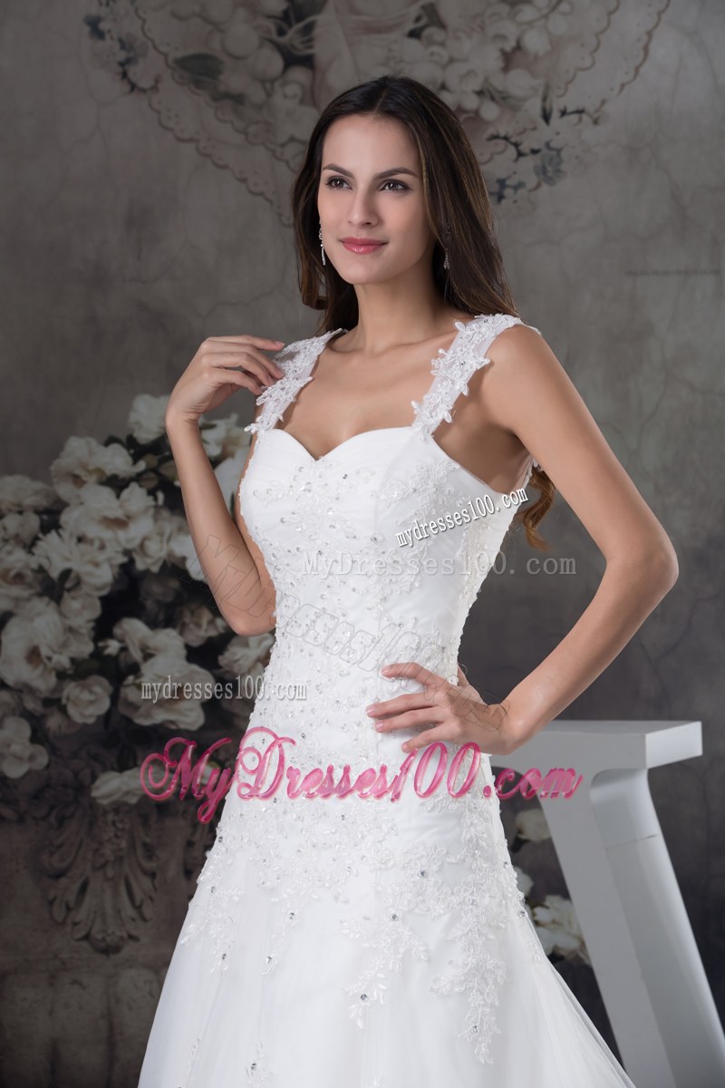 Wide Straps Court Train Wedding Gown with Beaded Appliques and Lace Hemline