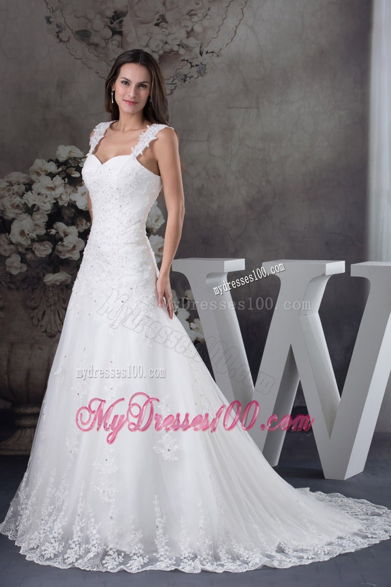 Wide Straps Court Train Wedding Gown with Beaded Appliques and Lace Hemline