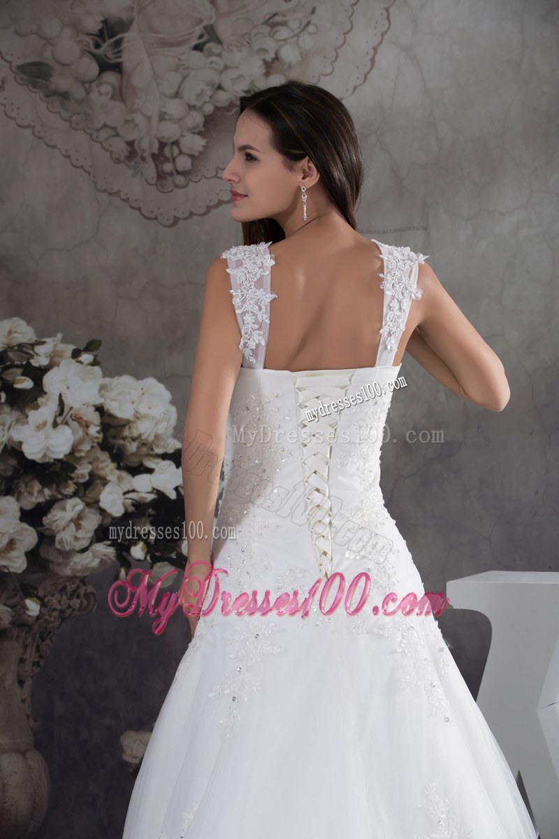 Wide Straps Court Train Wedding Gown with Beaded Appliques and Lace Hemline