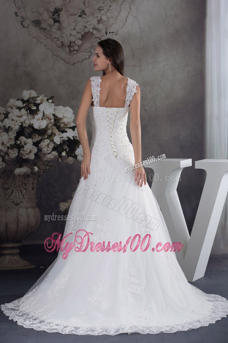 Wide Straps Court Train Wedding Gown with Beaded Appliques and Lace Hemline
