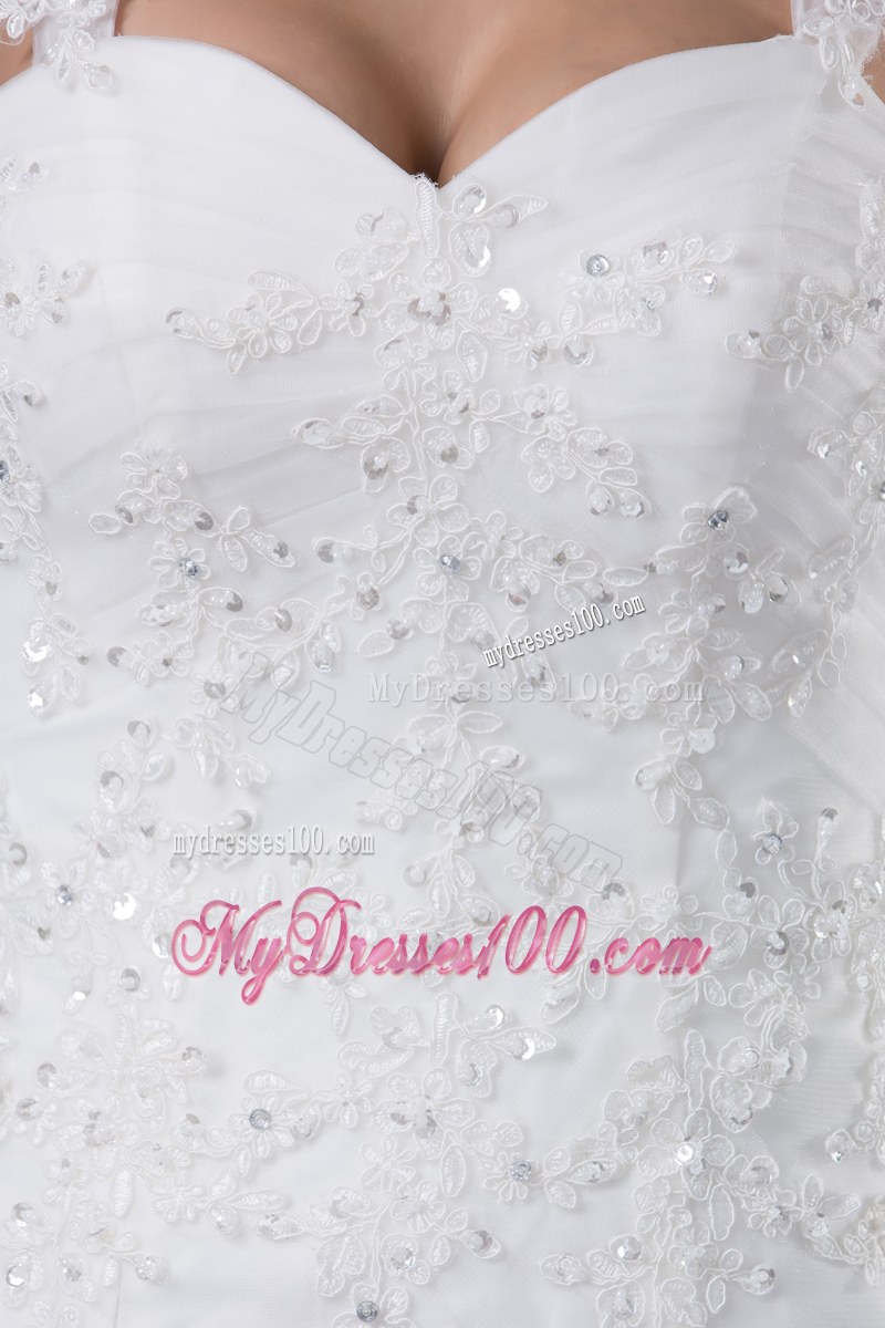 Wide Straps Court Train Wedding Gown with Beaded Appliques and Lace Hemline