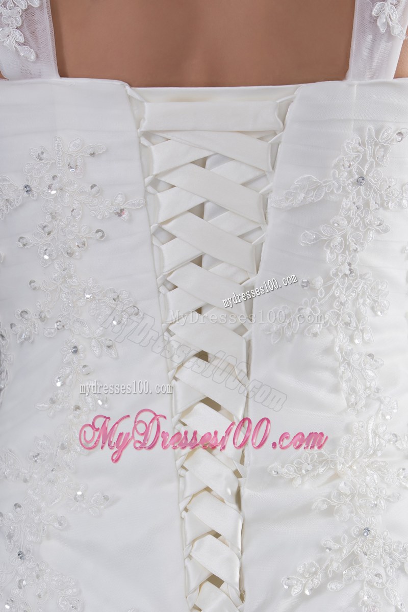 Wide Straps Court Train Wedding Gown with Beaded Appliques and Lace Hemline