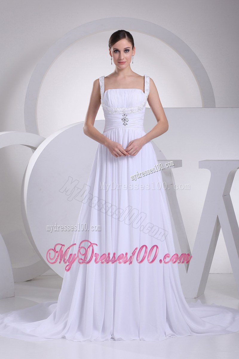 Jewelry Brush Train Straps Dress for Wedding with Beaded and Ruched Waist