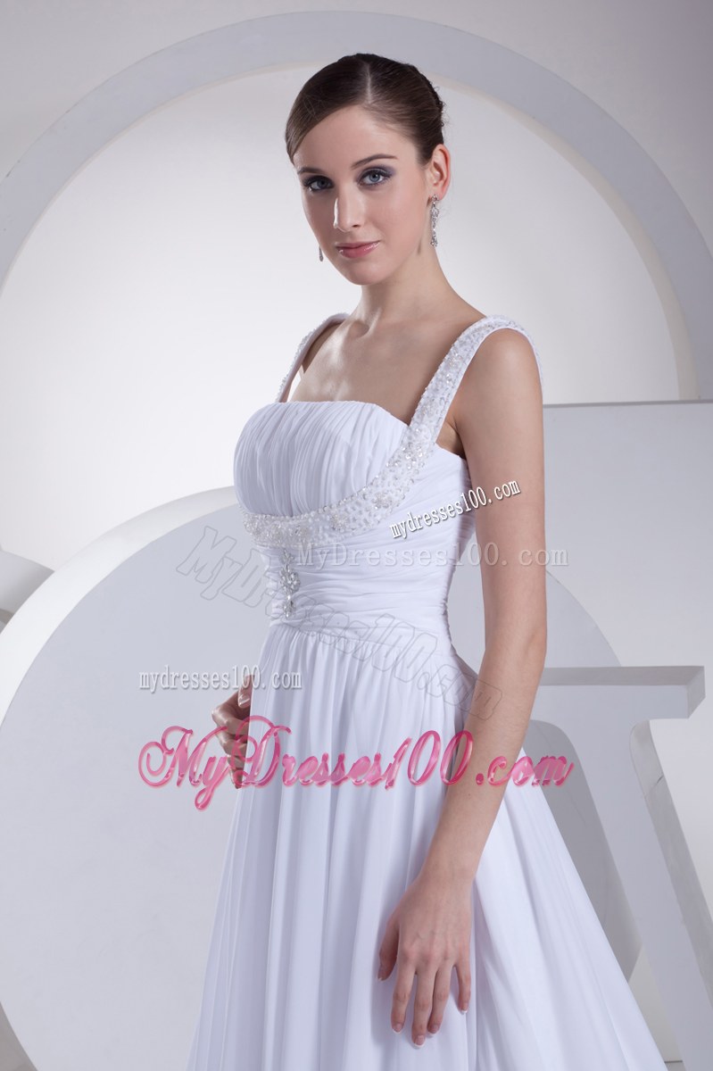 Jewelry Brush Train Straps Dress for Wedding with Beaded and Ruched Waist