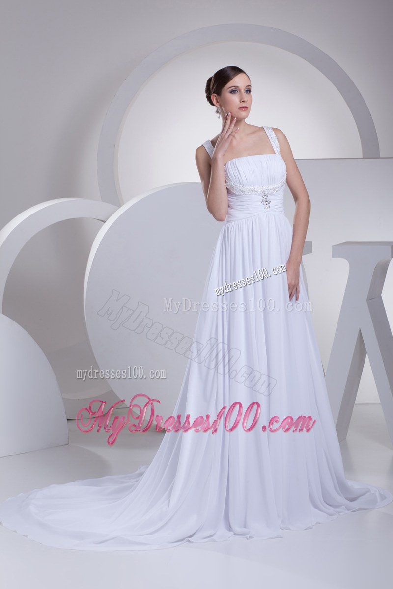 Jewelry Brush Train Straps Dress for Wedding with Beaded and Ruched Waist