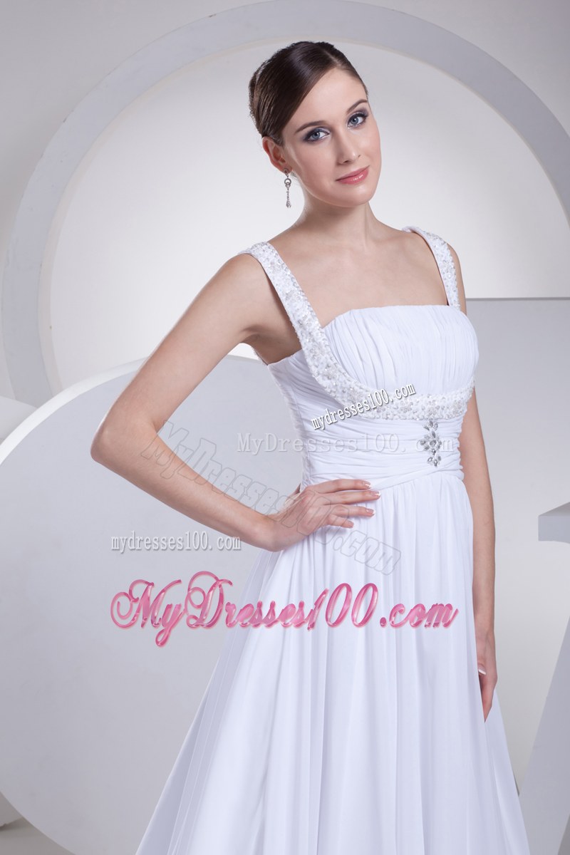 Jewelry Brush Train Straps Dress for Wedding with Beaded and Ruched Waist