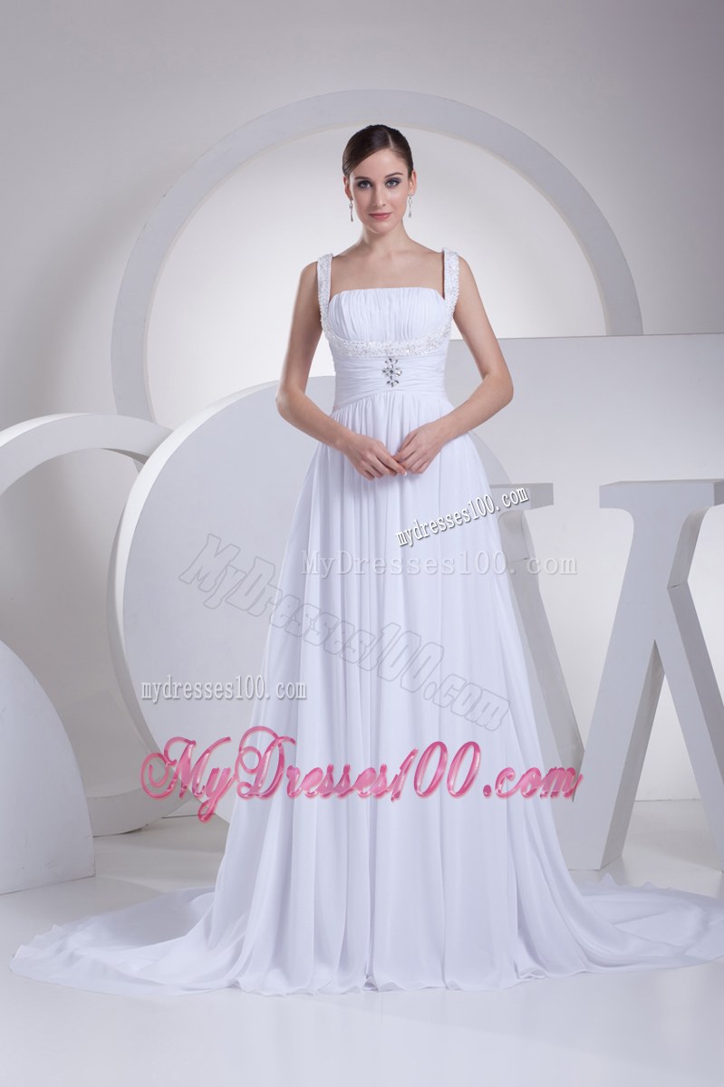 Jewelry Brush Train Straps Dress for Wedding with Beaded and Ruched Waist