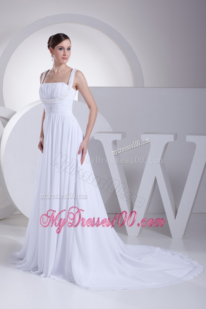 Jewelry Brush Train Straps Dress for Wedding with Beaded and Ruched Waist