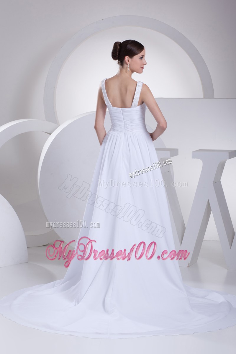 Jewelry Brush Train Straps Dress for Wedding with Beaded and Ruched Waist