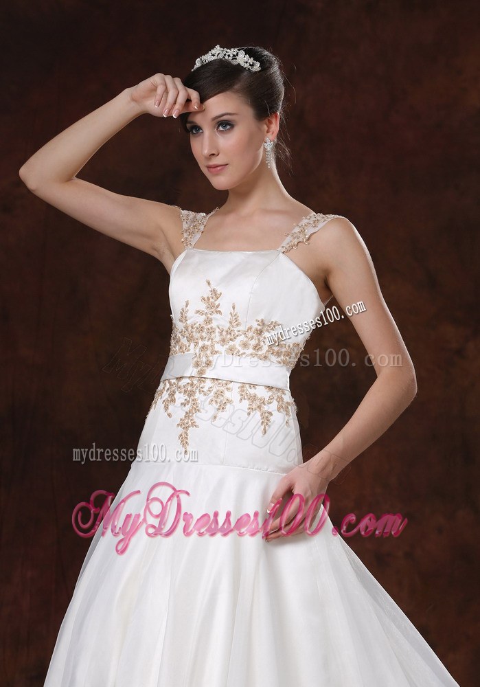 White A-line Chapel Train Wedding Gown with Champagne Embroidery