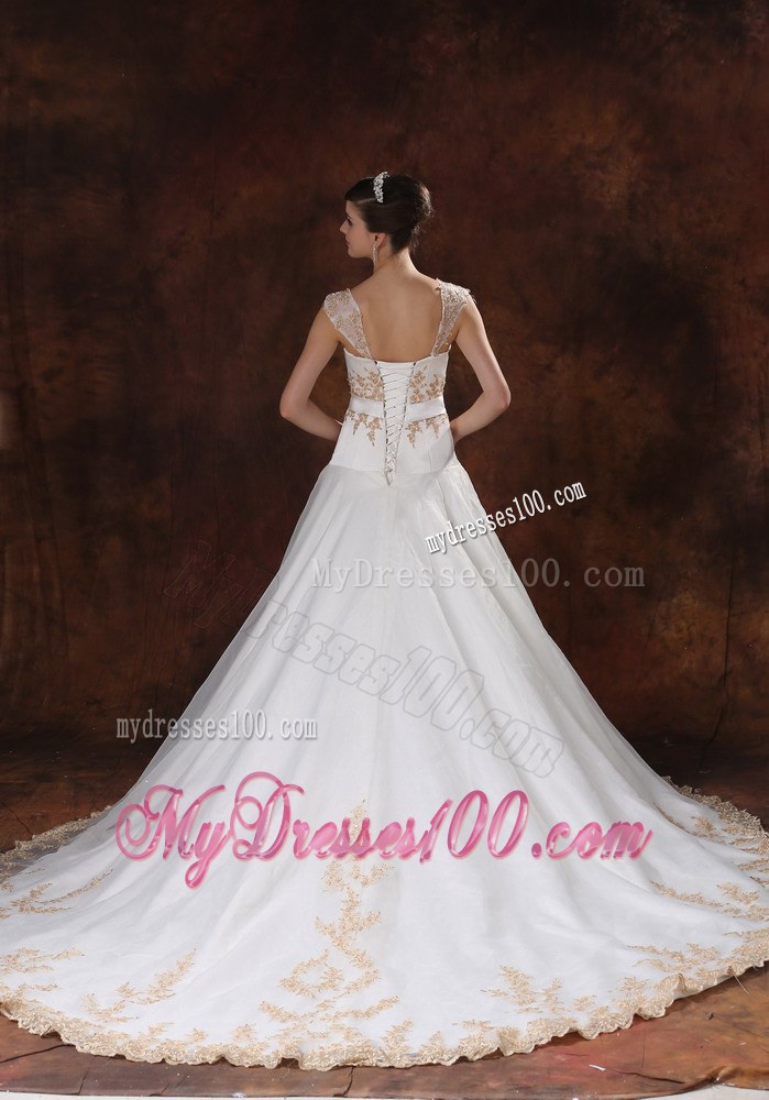 White A-line Chapel Train Wedding Gown with Champagne Embroidery