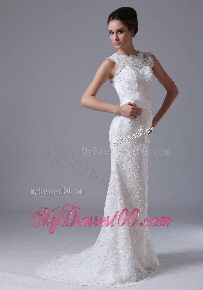 v-Cut Back Mermaid Lace Brush Train Bridal Gowns with Clasp Handle