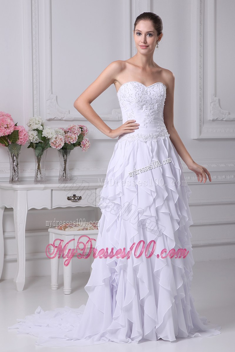 Ruffles Diamonds and Embroideries Decorated Chiffon Dress for Wedding