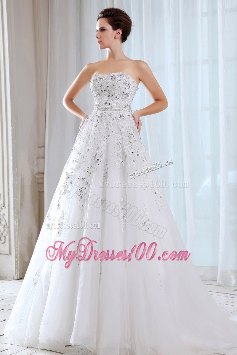 Romantic Beaded Court Train White Wedding Dress Lace-up Back
