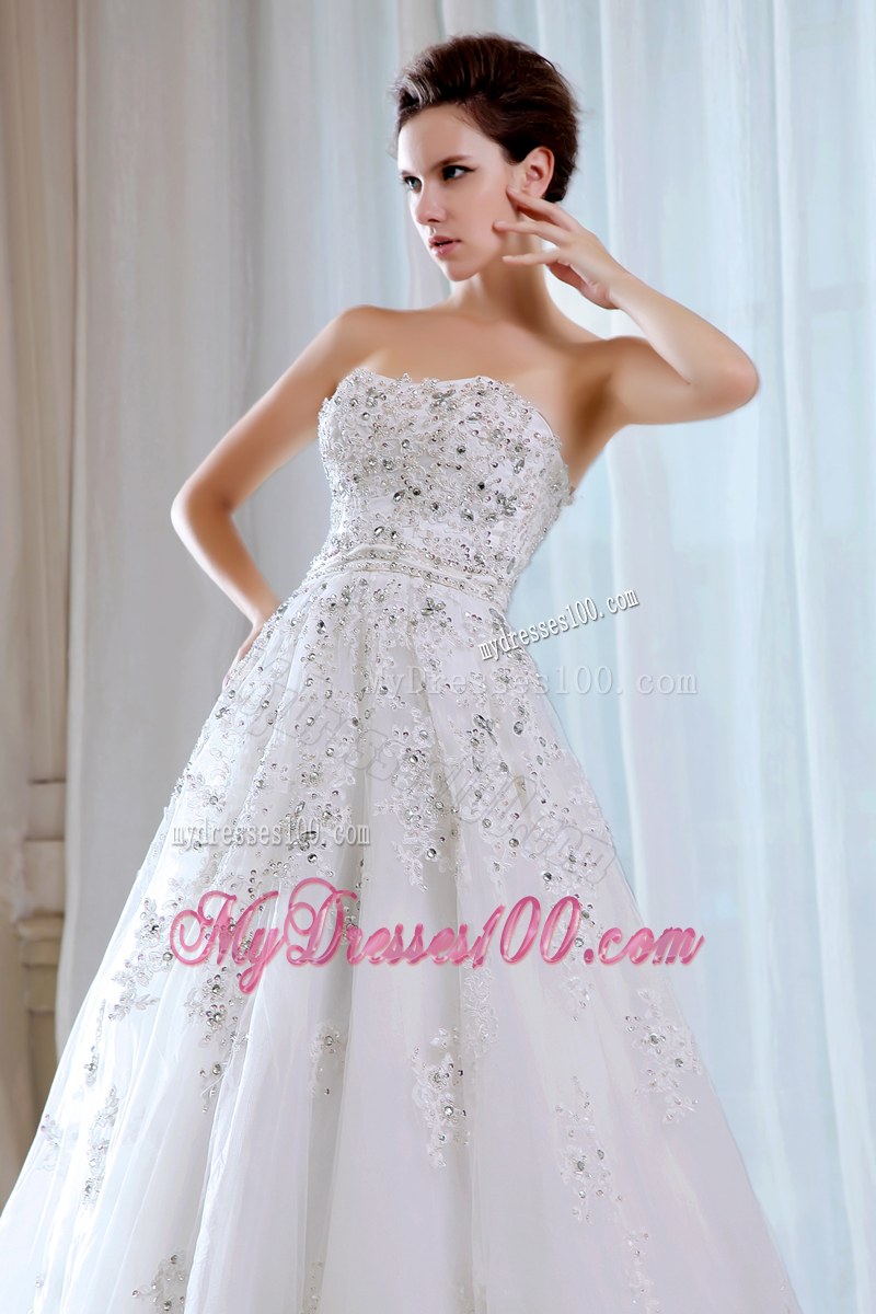 Romantic Beaded Court Train White Wedding Dress Lace-up Back