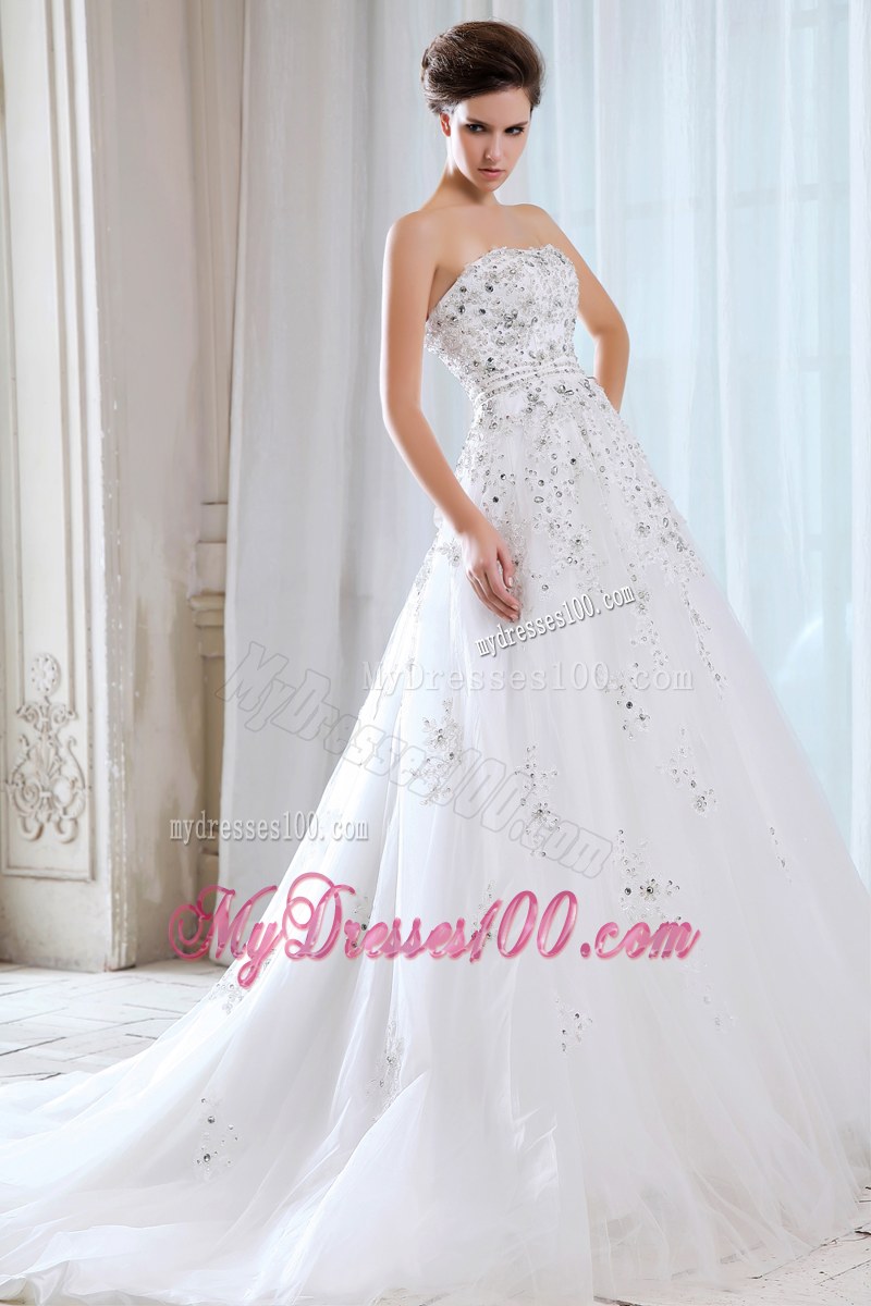Romantic Beaded Court Train White Wedding Dress Lace-up Back