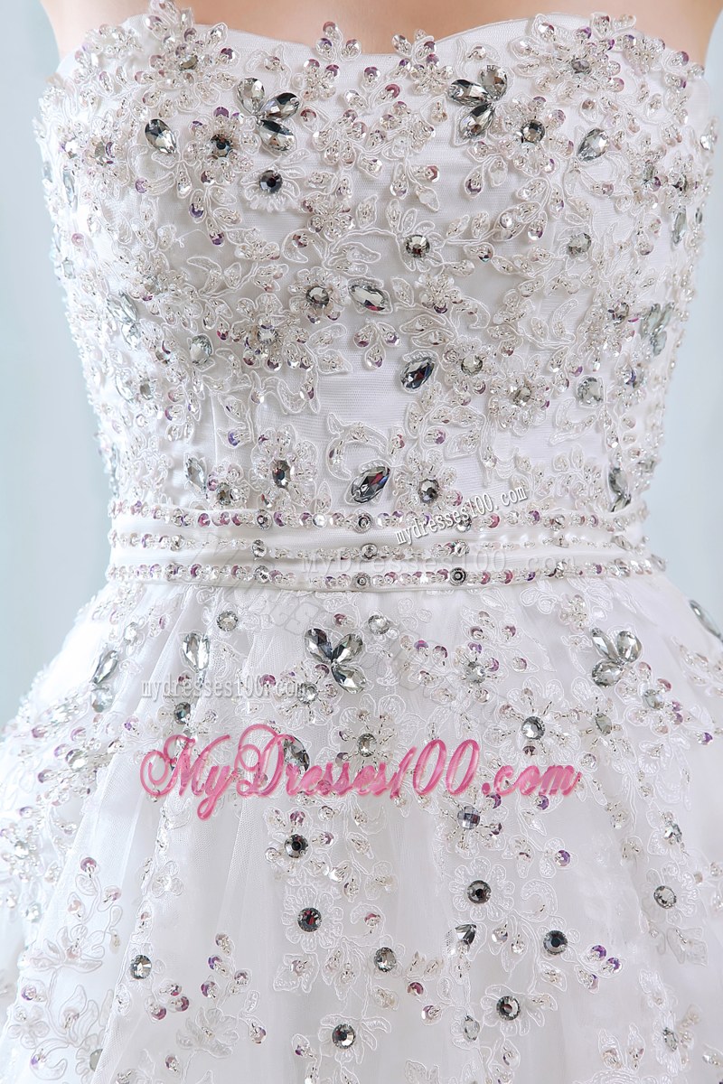 Romantic Beaded Court Train White Wedding Dress Lace-up Back