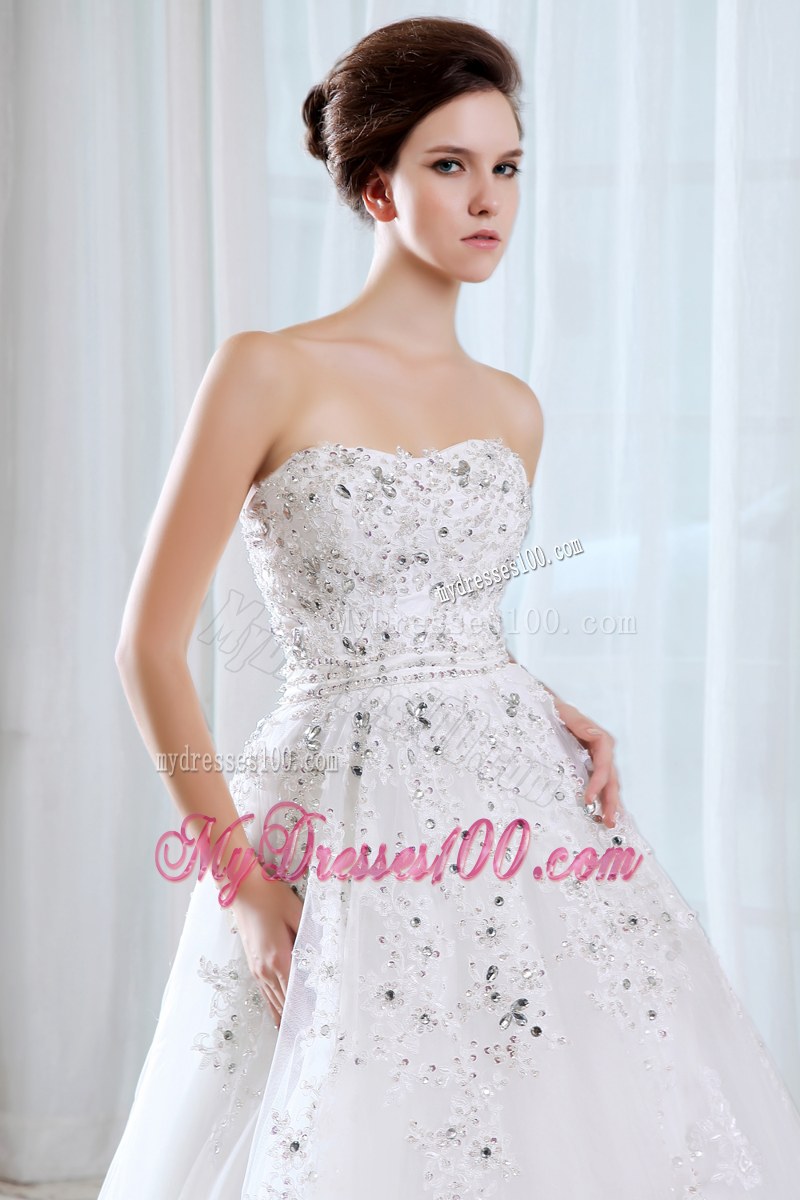 Romantic Beaded Court Train White Wedding Dress Lace-up Back