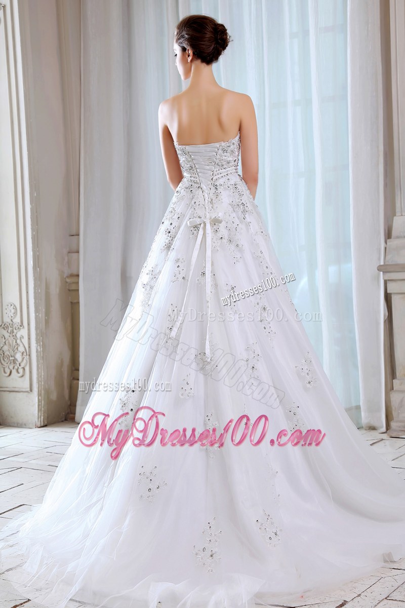 Romantic Beaded Court Train White Wedding Dress Lace-up Back