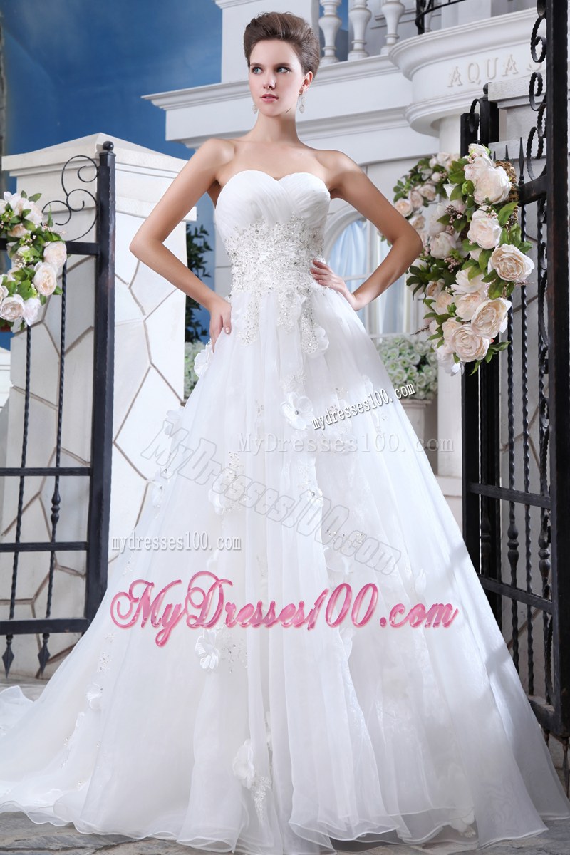 High-class Floral Decorate Lace-up Back White Bridal Gown Chapel Train