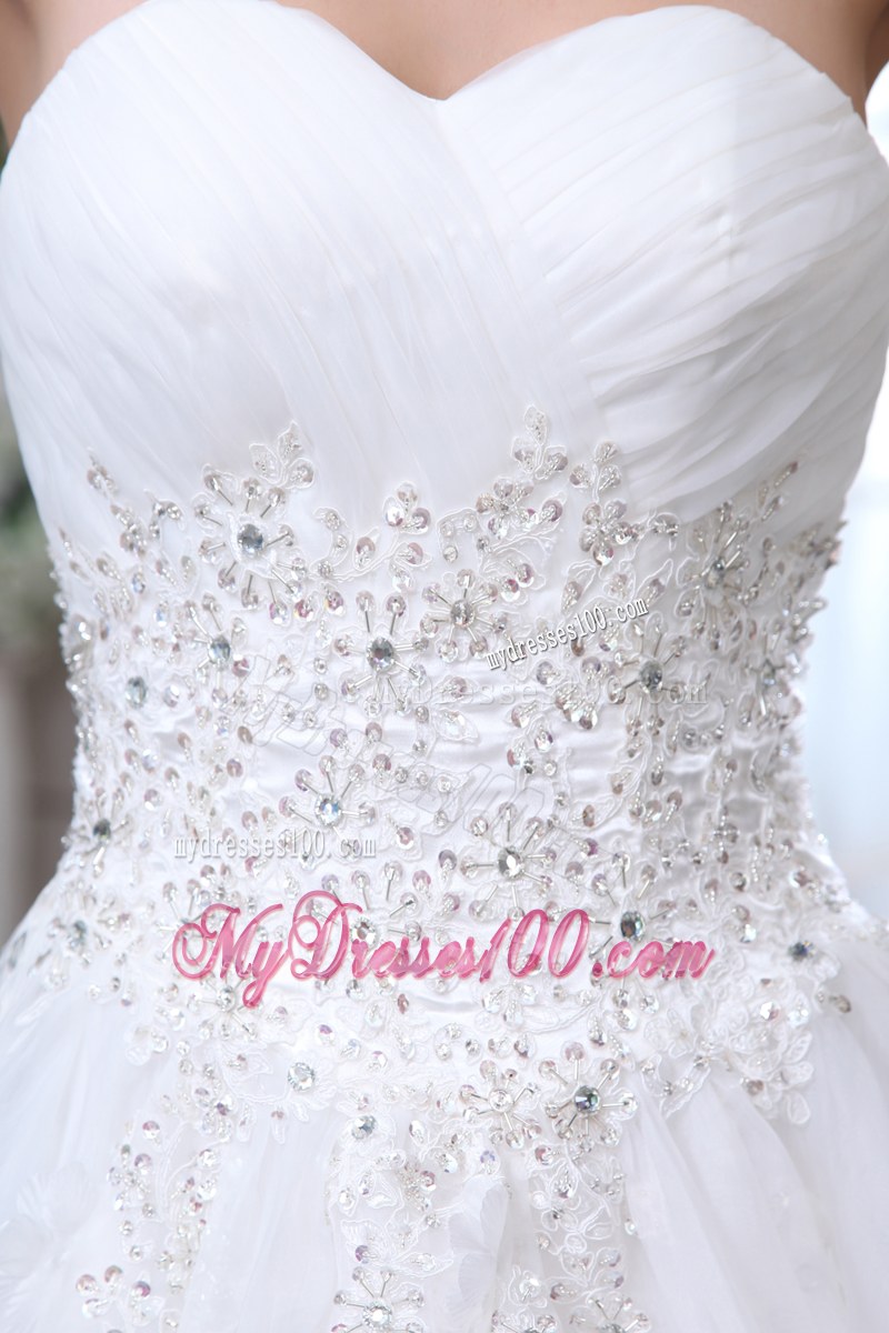 High-class Floral Decorate Lace-up Back White Bridal Gown Chapel Train