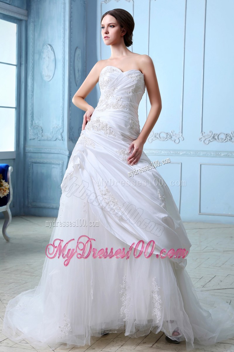 Ruching Diamonds Appliques and Brush Train Sweetheart Wedding Gowns