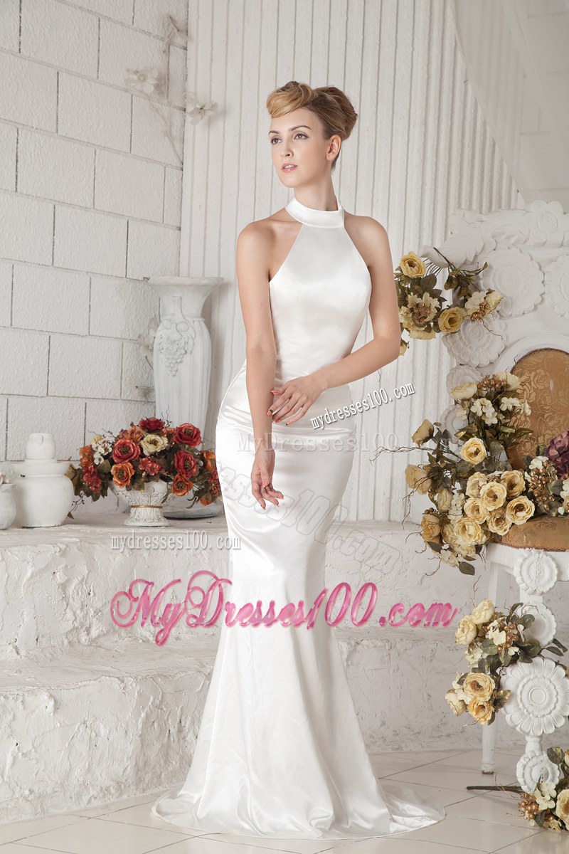 High-neck Cream Colored Mermaid Wedding Dress Sweep Train