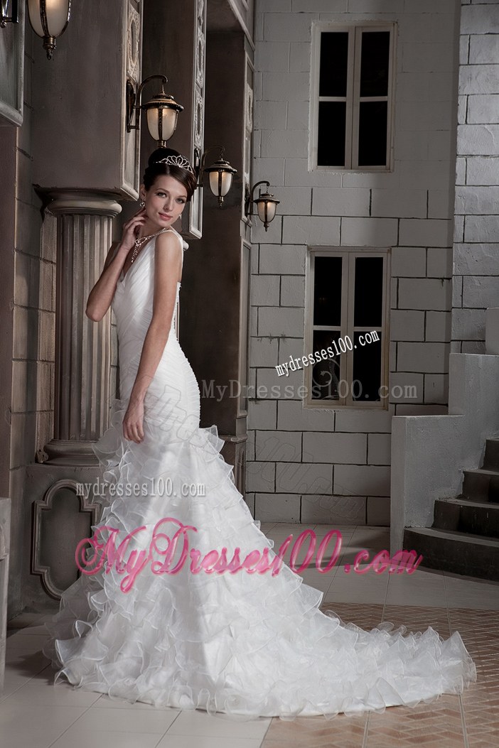 V-neck Sheath Clasp Handle Bridal Gown with Ruffled Layers Court Train