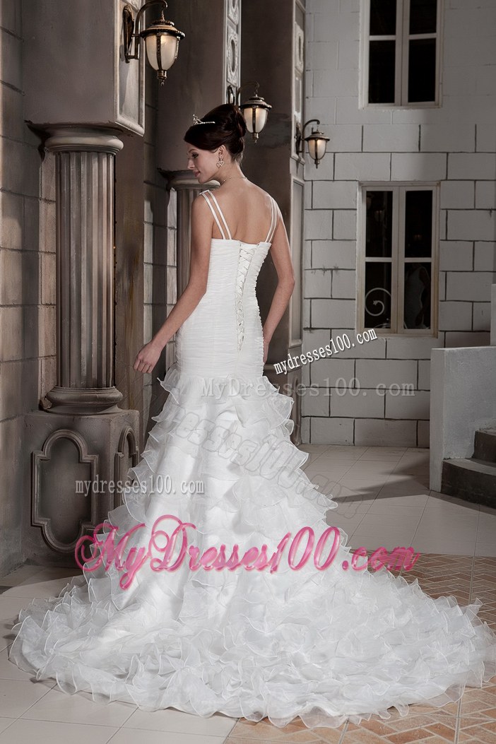 V-neck Sheath Clasp Handle Bridal Gown with Ruffled Layers Court Train