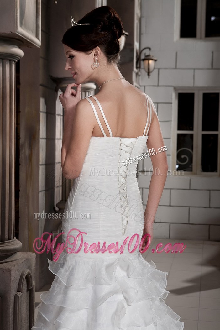V-neck Sheath Clasp Handle Bridal Gown with Ruffled Layers Court Train
