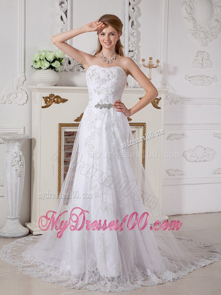 Empire Sweetheart Court Train Beading Decorated Lace Wedding Dress