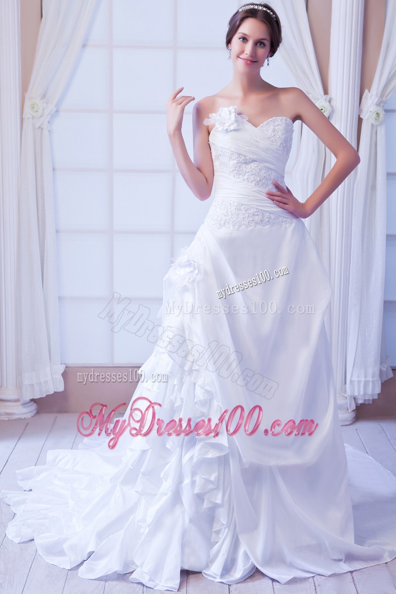 Handmade Flower Sweetheart White Dress for Wedding with Ruffles