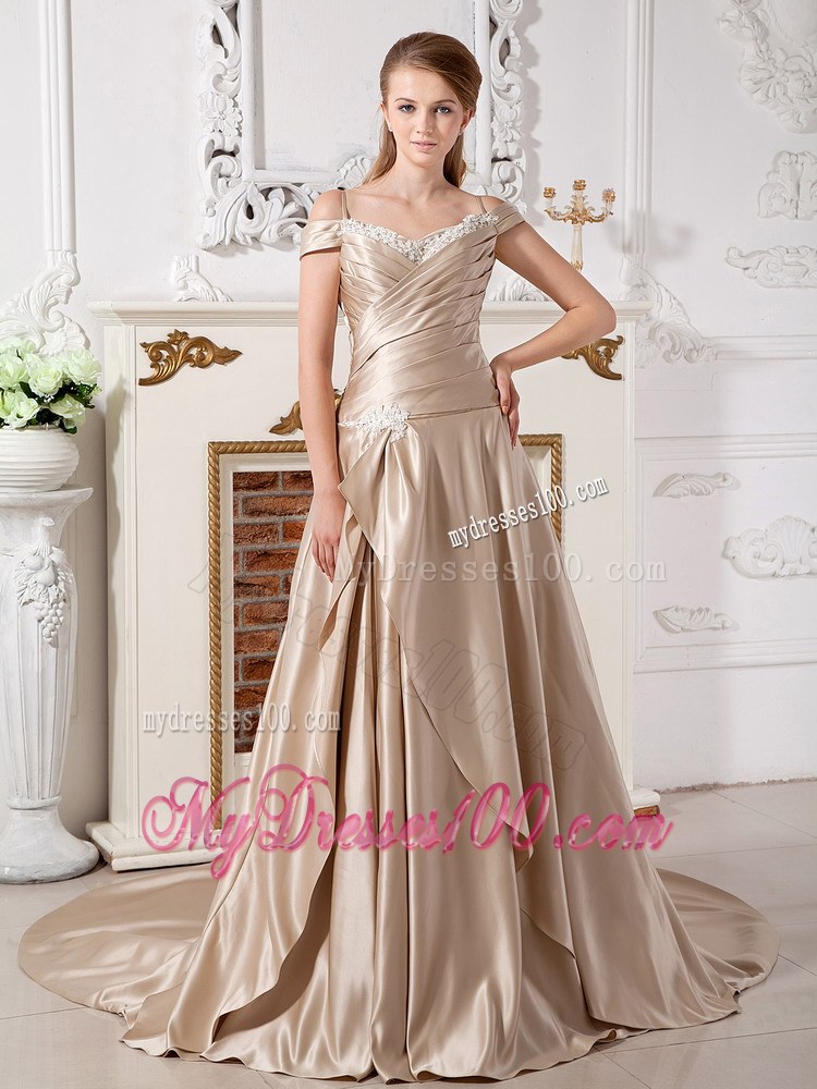 Champagne Off The Shoulder Court Train Wedding Dress with Appliques