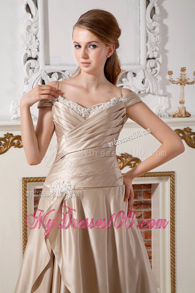 Champagne Off The Shoulder Court Train Wedding Dress with Appliques