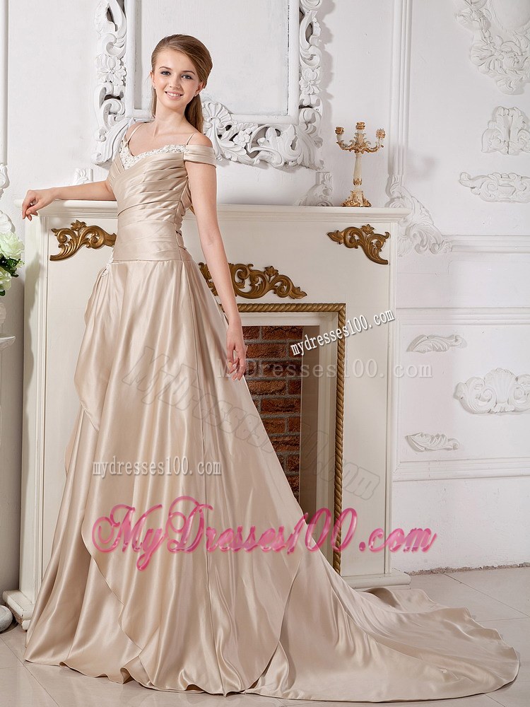 Champagne Off The Shoulder Court Train Wedding Dress with Appliques