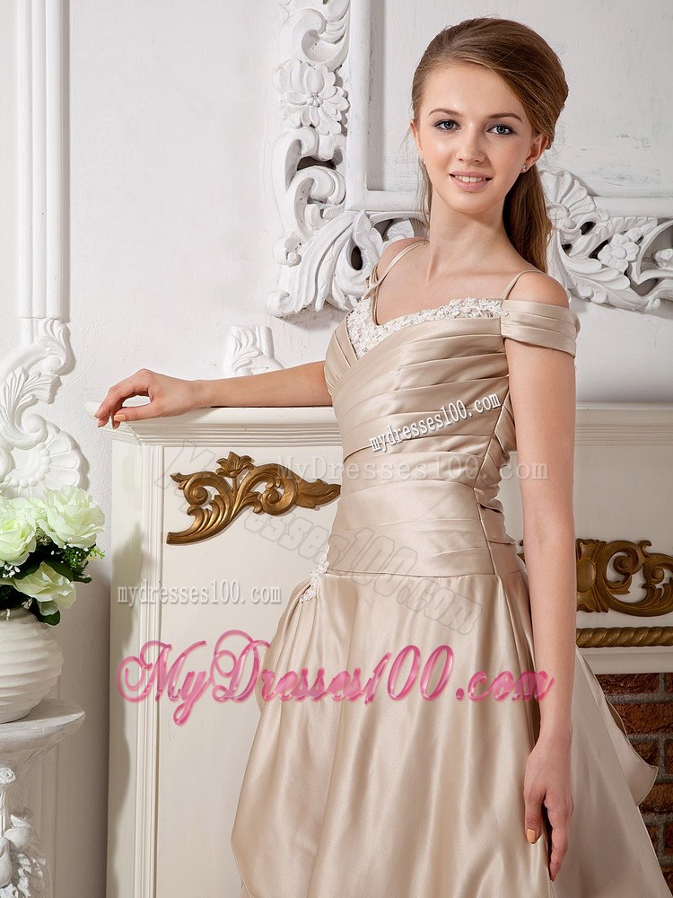 Champagne Off The Shoulder Court Train Wedding Dress with Appliques