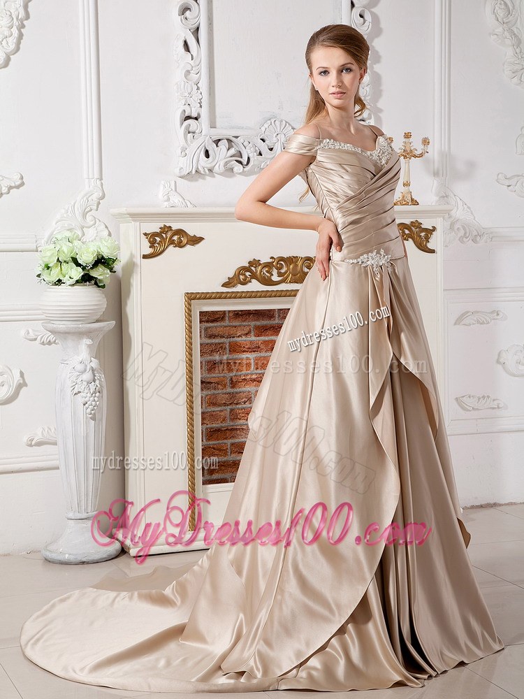 Champagne Off The Shoulder Court Train Wedding Dress with Appliques