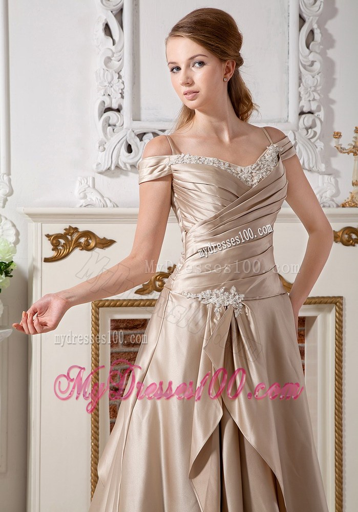 Champagne Off The Shoulder Court Train Wedding Dress with Appliques