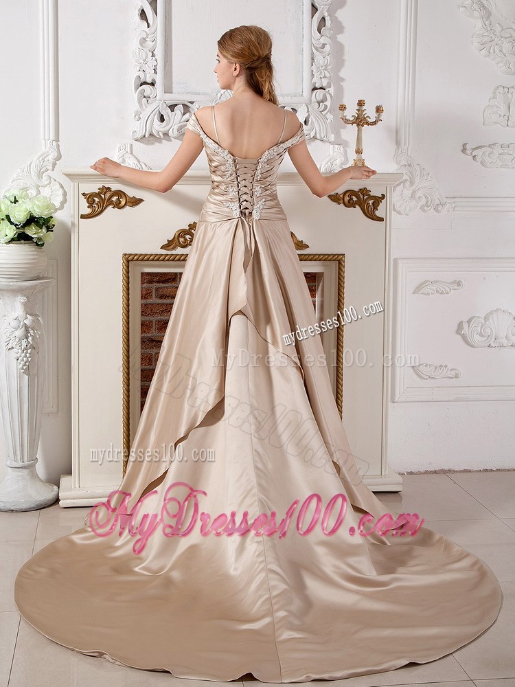 Champagne Off The Shoulder Court Train Wedding Dress with Appliques