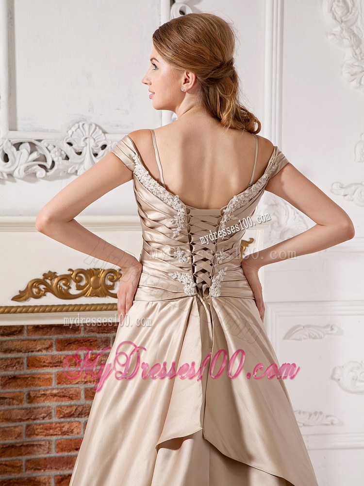 Champagne Off The Shoulder Court Train Wedding Dress with Appliques
