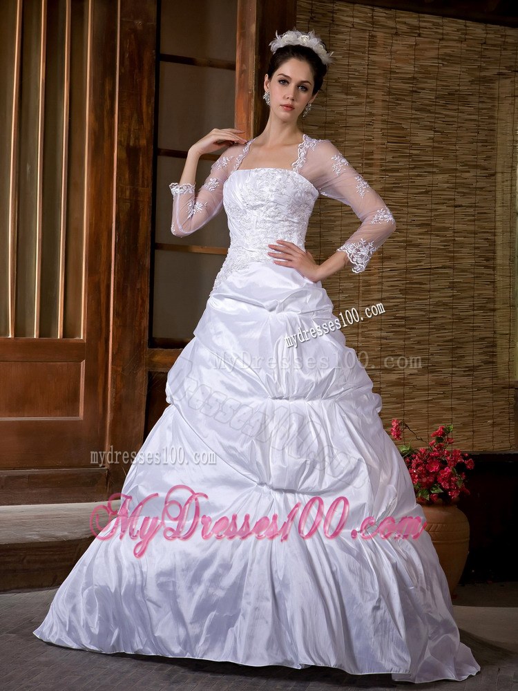 Appliques and Pick-ups Wedding Dress with Court Train and Sheer Long Sleeves