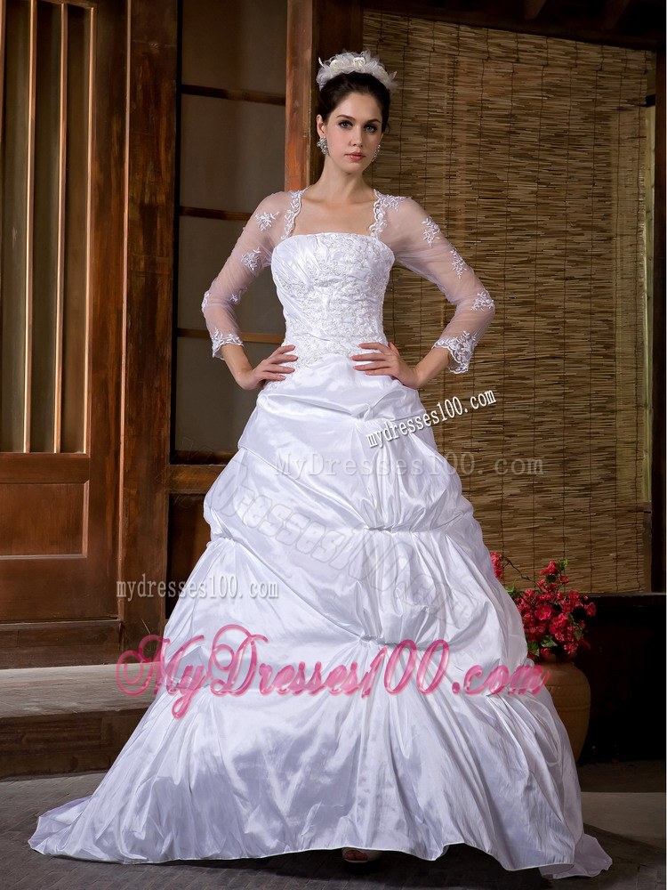 Appliques and Pick-ups Wedding Dress with Court Train and Sheer Long Sleeves