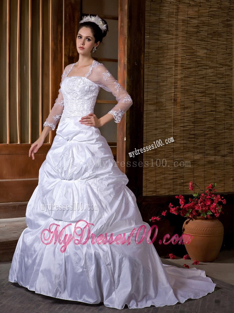Appliques and Pick-ups Wedding Dress with Court Train and Sheer Long Sleeves