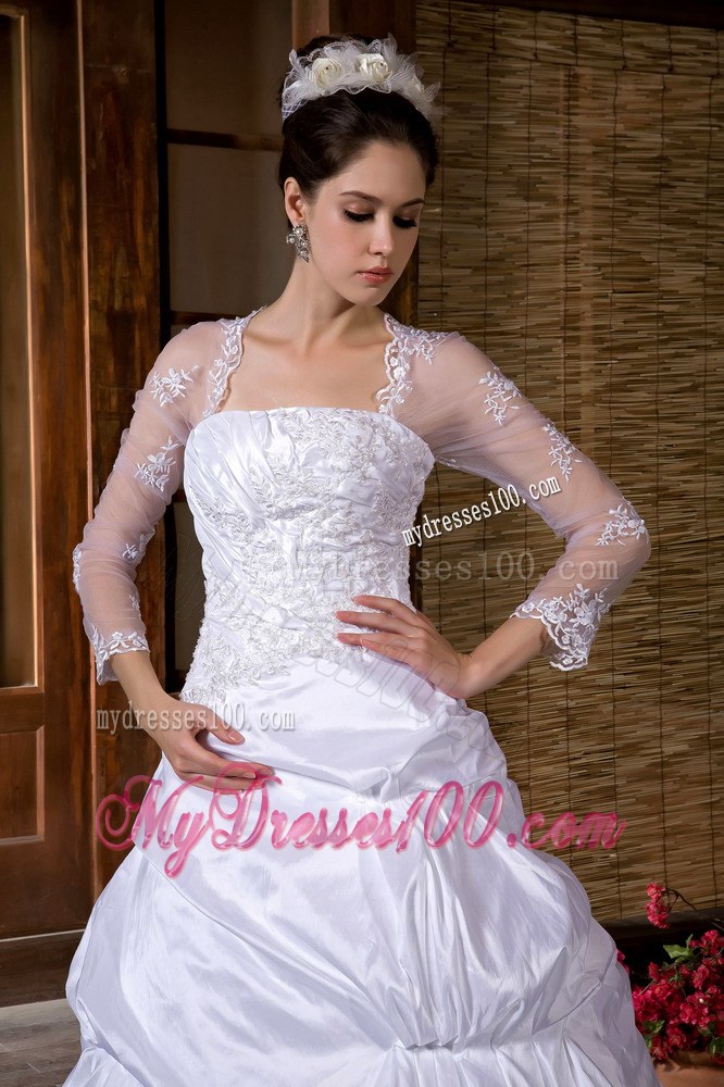 Appliques and Pick-ups Wedding Dress with Court Train and Sheer Long Sleeves