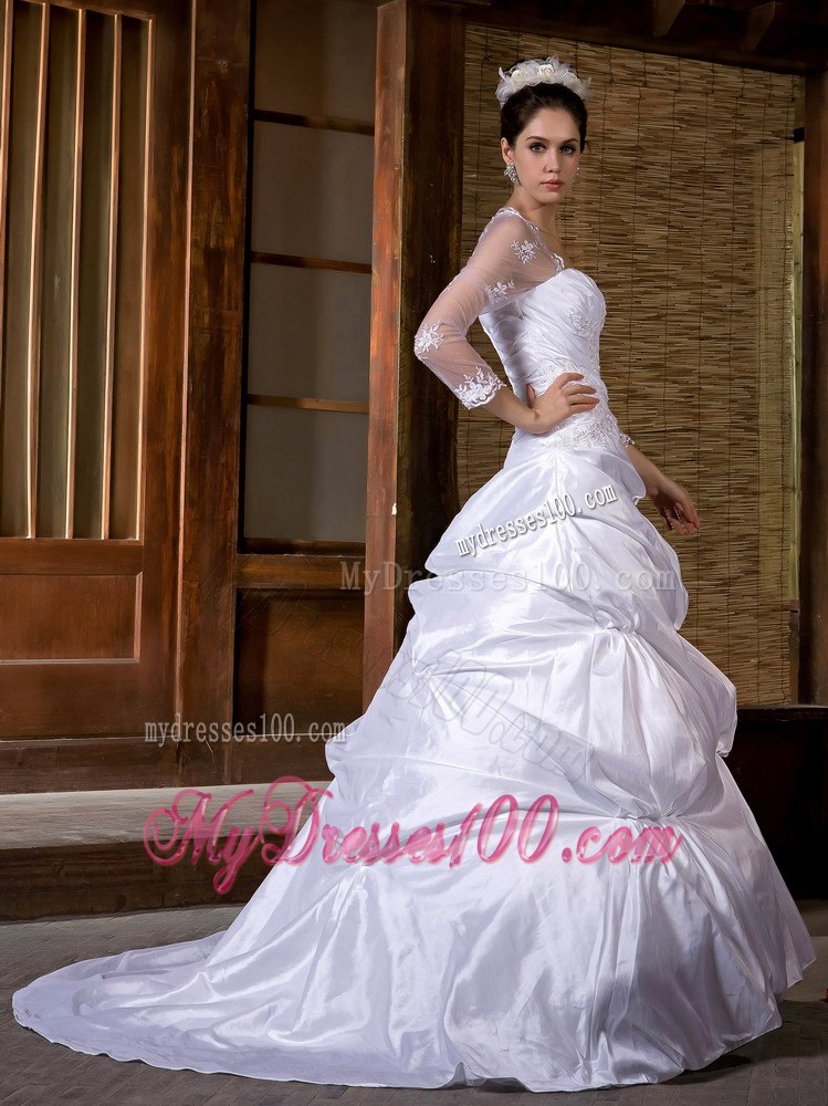 Appliques and Pick-ups Wedding Dress with Court Train and Sheer Long Sleeves