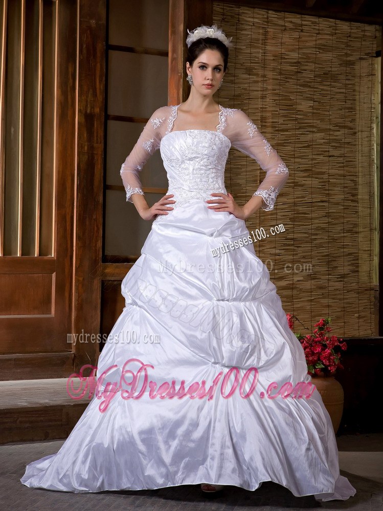 Appliques and Pick-ups Wedding Dress with Court Train and Sheer Long Sleeves
